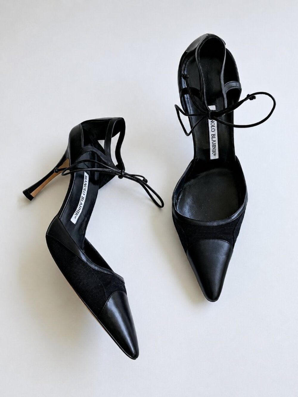 Vintage Manolo Blahnik Black Leather & Canvas D'Orsay Ankle Wrap Heels 39.5